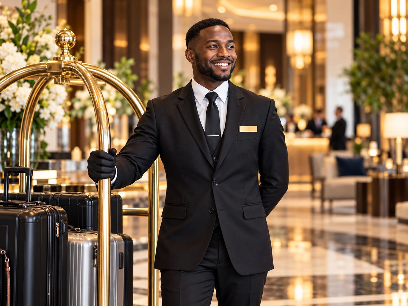 Smiling bellman with a luggage cart in an elegant hotel lobby