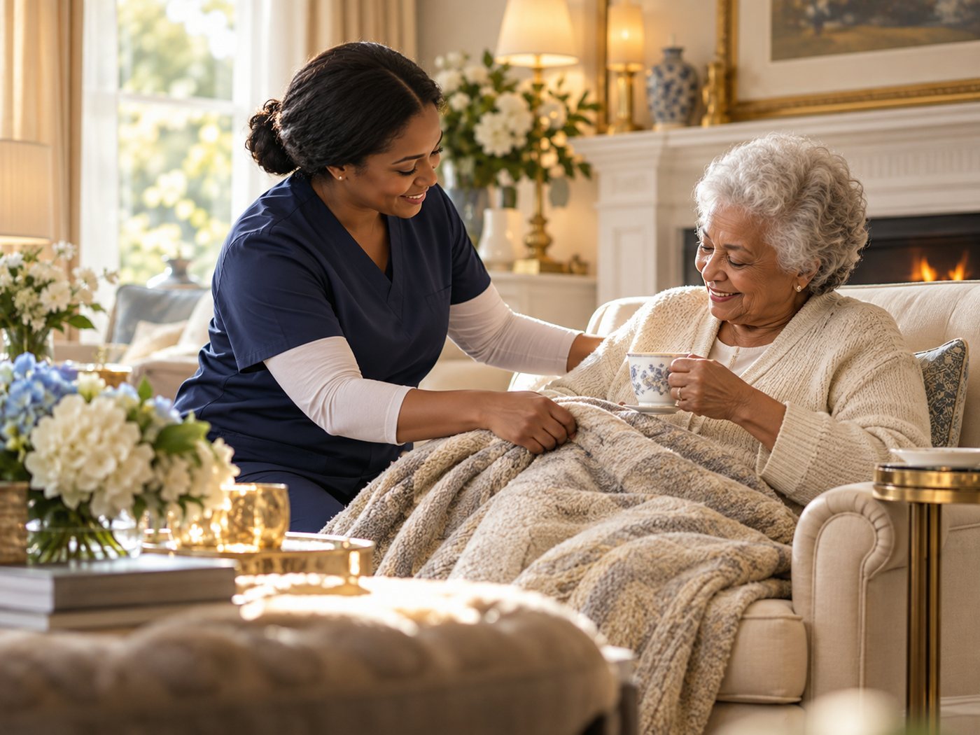 Caregiver tucking a blanket around a smiling senior woman holding tea