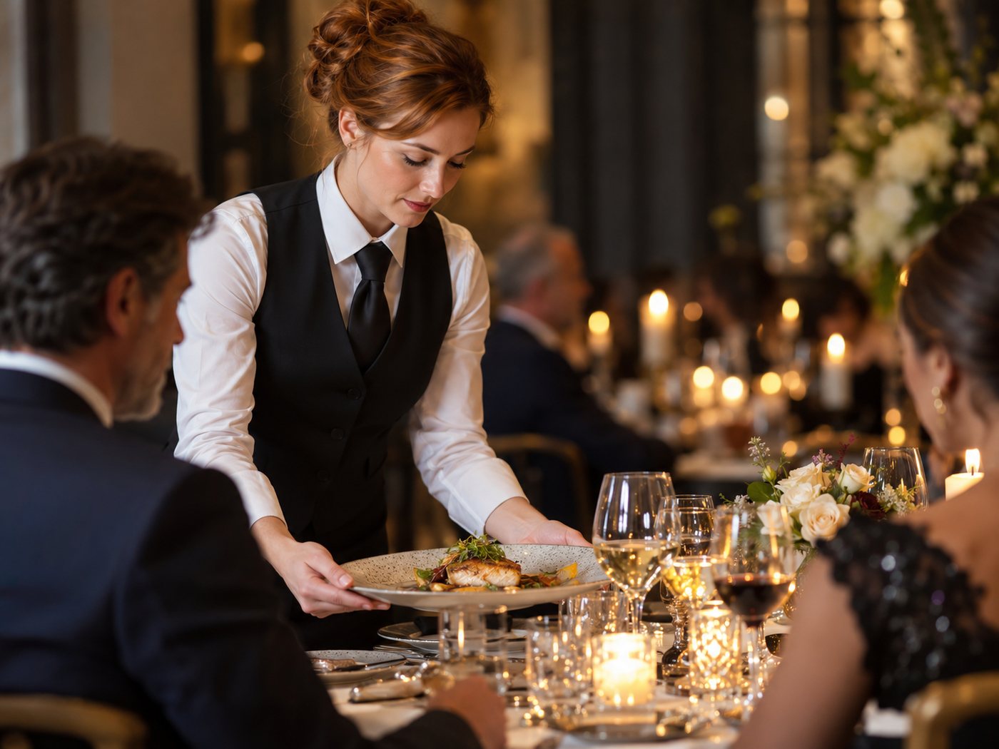 Server in a black vest presenting a plated dish to guests at a candlelit dinner